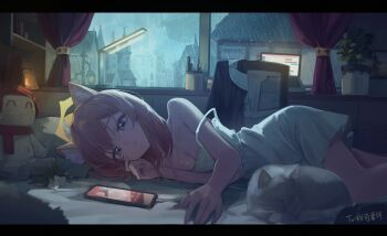 1girl absurdres alternate_costume animal_ear_fluff animal_ears blue_archive blue_eyes blush breasts cat_ears cat_girl cellphone cleavage closed_mouth commentary doll dress earphones halo highres indoors long_hair lying mari_(blue_archive) on_bed on_side orange_hair phone rain rescat small_breasts smartphone solo white_dress yellow_halo