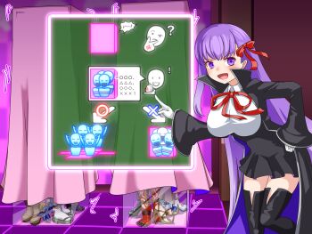 absurdres bb_(fate) bb_(fate/extra) black_thighhighs boots bound bound_ankles character_name character_request commentary_request curtains emoji fate/grand_order fate_(series) gloves hair_ribbon hand_on_own_hip high_heel_boots high_heels highres ibaraki_douji_(fate) mask mouth_mask pictogram pointing purple_eyes purple_hair red_ribbon ribbon sandals sharp_toenails socks thalter39o thighhighs thinking_emoji tied_up_(nonsexual) toenails white_gloves white_socks