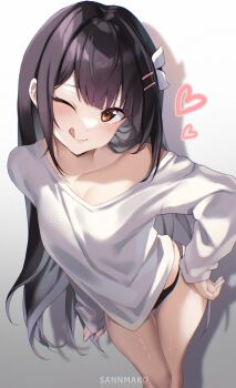1girl ;d black_hair black_panties breasts brown_eyes highres long_hair long_sleeves looking_at_viewer one_eye_closed open_mouth original panties sannmako shirt smile solo tongue tongue_out underwear white_background white_shirt