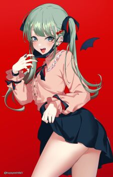 1girl aqua_eyes aqua_hair black_bow black_skirt blush bow breasts center_frills demon_wings ear_piercing facial_mark frills hair_bow hair_ornament hairclip hatsune_miku heart heart_facial_mark highres long_sleeves looking_at_viewer mask mask_pull mini_wings mouth_mask open_mouth piercing pink_shirt red_background shirt simple_background skirt small_breasts smile solo twintails vampire vampire_(vocaloid) vocaloid wings yoshinatsu