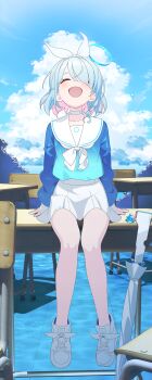1girl absurdres arona_(blue_archive) bare_legs blue_archive blue_hair blue_halo blue_sky bow braid chair choker cloud contrast day desk gun hair_over_one_eye hairband halo highres keita_(kta0) multicolored_hair on_desk outdoors pantyhose pink_hair plana_(blue_archive) red_halo sailor_collar school_desk school_uniform serafuku short_hair sitting skirt sky smile solo split_screen split_theme two-tone_hair umbrella_gun weapon white_choker white_skirt
