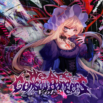 1girl adapted_costume album_cover album_name alternate_eye_color black_corset blonde_hair blood blood_from_mouth blood_on_breasts bow breasts cleavage commentary_request corset cover dress english_text grey_eyes hair_bow hat hat_ribbon heterochromia highres juliet_sleeves large_breasts login_records long_hair long_sleeves looking_at_viewer mirimo mob_cap puffy_sleeves purple_dress red_bow red_nails ribbon second-party_source solo touhou white_hat yakumo_yukari yellow_eyes