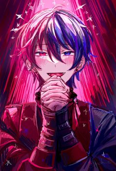 1boy belt_buckle blue_eyes buckle commentary_request earrings ensemble_stars! fingernails hair_between_eyes hands_up heterochromia highres interlocked_fingers jewelry kagehira_mika machi_es male_focus open_mouth own_hands_together red_eyes short_hair solo sparkle stud_earrings upper_body