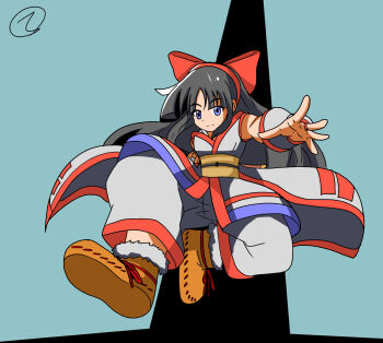 1girl ainu_clothes black_hair blue_eyes boots breasts clenched_hand expressionless feet fingerless_gloves gloves hair_ribbon highres jumping legs long_hair looking_at_viewer medium_breasts nakoruru outstretched_arm pants ribbon samurai_spirits snk solo the_king_of_fighters the_king_of_fighters_xv thighs weapon