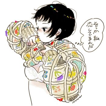 1girl black_eyes black_hair blush bra clothes_lift colored_skin commentary emamemamo33 floral_print from_side highres iridescent_hair long_sleeves original short_hair signature simple_background solo speech_bubble sweater sweater_lift thought_bubble translated underwear white_bra white_skin