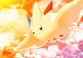 bright_pupils closed_mouth commentary_request flying gen_4_pokemon looking_ahead nintendo no_humans omega_takai pokemon pokemon_(creature) solo sparkle togekiss white_pupils