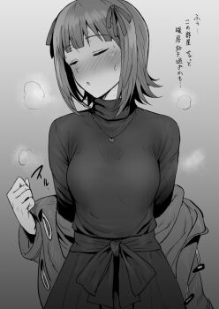 Rule 34 | 1girl, amami haruka, blush, breasts, closed eyes, facing viewer, greyscale, hair ribbon, heart, heart necklace, highres, idolmaster, idolmaster (classic), jewelry, long sleeves, monochrome, necklace, removing jacket, ribbon, short hair, solo, sweat, sweater, tsurui, turtleneck, turtleneck sweater, upper body