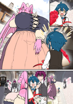 1boy 2girls age_difference ahoge angry blue_hair blush bouquet breasts car child chimney claws cleavage closed_eyes colored_skin comic day dragon_girl flower furry furry_female holding holding_bouquet huge_breasts long_hair maid marriage_proposal mature_female motor_vehicle multiple_girls nenbuta open_mouth original outdoors pink_skin purple_hair size_difference sky standing tail wings yellow_eyes