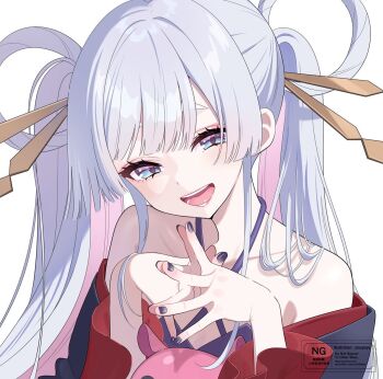1girl :d artist_name black_nails blue_eyes cho_kaguya-hime! choppy_bangs commentary_request hair_rings hands_up looking_at_viewer open_mouth own_hands_clasped own_hands_together piyopoyo runami_yachiyo smile solo steepled_fingers teeth upper_body watermark white_background white_hair