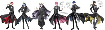 6+boys absurdres animal animal_on_shoulder arm_at_side bangs_pinned_back belt belt_buckle black_belt black_boots black_choker black_coat black_hair black_necktie black_pants black_robe black_sash black_shoes black_veil black_vest blonde_hair blue_eyes blue_hair boots buckle capelet cassock chest_harness choker cigarette cleavage_cutout clerical_collar clothing_cutout coat coif colored_tips cross cross_necklace cross_print crossed_arms expressionless facial_mark full_body gloves grey_belt grey_capelet grey_gloves grey_hair grey_pants grey_shirt hair_between_eyes halo hand_on_own_hip harness heart heart_facial_mark highres holding holding_cigarette holding_cross hotoke_(ireisu) if_(ireisu) ireisu jewelry juliet_sleeves kamippoina_(vocaloid) knee_boots latin_cross lineup liura_(ireisu) long_coat long_hair long_sleeves looking_at_viewer low_ponytail male_focus mole mole_under_eye multicolored_hair multiple_boys multiple_moles naiko_(ireisu) necklace necktie official_art open_clothes open_coat own_hands_clasped own_hands_together pants parted_lips pelvic_curtain pink_coat pink_eyes pink_hair ponytail priest puffy_sleeves purple_eyes rabbit red_eyes red_hair robe rosary sash shirt sho_(ireisu) shoes short_hair sidelocks simple_background sleeve_ribbon smile smoke smoke_trail soiya_(soiyaaaaaa2) standing star_halo stole swept_bangs traditional_halo turtleneck two-sided_coat two-sided_fabric two-sided_robe utaite veil vest wallet_chain white_background wide_sleeves yellow_halo yusuke_(ireisu)