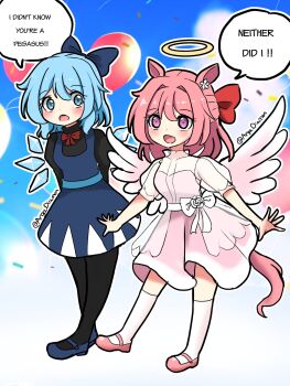 2girls animal_ears balloon black_pantyhose black_shirt blue_dress blue_eyes blue_hair blue_shoes blush bow bowtie cirno cirno_day commentary confetti crossover date_connection diamon_arga dress english_commentary english_text feathered_wings flower-shaped_pupils flying full_body halo haru_urara_(umamusume) highres horse_ears horse_girl horse_tail ice ice_wings looking_at_another looking_to_the_side mary_janes multiple_girls open_mouth pantyhose pink_eyes pink_hair pink_shoes pink_wings red_bow red_bowtie shirt shoes short_hair smile symbol-shaped_pupils tail touhou umamusume wings yellow_halo