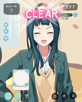 1girl :d ^_^ blazer blue_hair character_request closed_eyes collared_shirt facing_viewer fake_screenshot gakuen_idolmaster green_jacket hand_on_own_hip highres idolmaster indoors jacket long_hair mole mole_under_eye open_clothes open_jacket open_mouth school_uniform shirt sketch_background smile solo sweater upper_body user_interface v-shaped_eyebrows white_shirt yellow_sweater yukitake_(xuserpost)