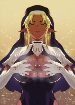 1girl absurdres blonde_hair breasts cleavage_cutout clothing_cutout dark-skinned_female dark_skin detached_sleeves ear_piercing elf green_eyes highres huge_breasts looking_at_viewer matobe_ono nun original paizuri_invitation piercing pointy_ears serious smell steaming_body tan veil