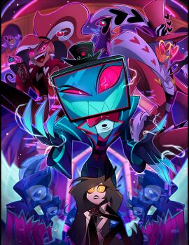 2boys 2girls 5others :d black_hair bow bowtie chandllucky coat colored_sclera colored_skin colored_teeth commentary cult_member_(hazbin_hotel) dark-skinned_female dark_skin demon_boy english_commentary fangs formal_clothes fur-trimmed_coat fur_trim green_teeth grey_skin grin hat hazbin_hotel heart heart-shaped_eyewear hellaverse highres holding holding_phone jacket long_coat long_hair looking_at_viewer multiple_boys multiple_girls multiple_others open_mouth orange_sclera overexposed_demon_(hazbin_hotel) phone pink_coat purple_skin red_eyes red_jacket red_sclera sharp_teeth smile suit teeth television valentino_(hazbin_hotel) velvette_(hazbin_hotel) vox_(hazbin_hotel)