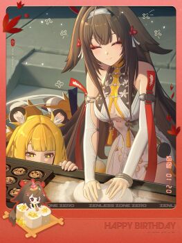 2girls animal_ears baking bare_shoulders belle_(zenless_zone_zero) breasts brown_hair china_dress chinese_clothes closed_eyes commentary dress droopy_ears english_commentary eyeliner fox_ears fox_girl hair_ornament hairband highres jewelry ju_fufu long_hair looking_at_viewer makeup multiple_girls official_art pan_yinhu red_eyeliner red_eyes smile tail very_long_hair white_hairband wise_(zenless_zone_zero) ye_shiyuan ye_shunguang yixuan_(zenless_zone_zero) zenless_zone_zero