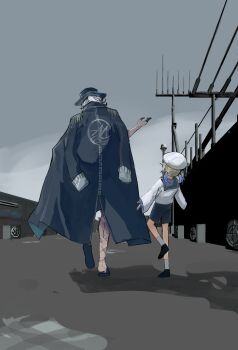 2boys black_shoes blue_shorts condenser_unit edmond_dantes_(fate) edmond_dantes_(monte_cristo_selection)_(fate) fate/grand_order fate_(series) fedora from_behind full_body hat highres jacket jacket_on_shoulders leaning_back long_sleeves male_focus marine_nemo_(fate) medium_hair multicolored_hair multiple_boys nemo_(fate) power_lines print_jacket royst sailor_collar sailor_hat scar shadow shirt shoes shorts socks striped_sleeves two-tone_hair utility_pole walking white_hair white_shirt white_socks wide_sleeves