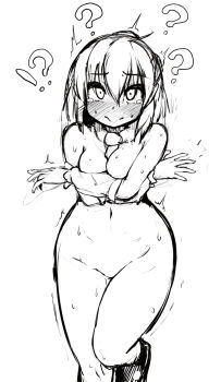 1girl ? blush breasts cleavage closed_mouth commentary_request cowboy_shot embarrassed greyscale hair_between_eyes half_updo highres looking_at_viewer medium_breasts mizuhashi_parsee monochrome navel nose_blush nude peso_(cheese_company) pointy_ears short_hair simple_background solo sweat tearing_up touhou wavy_mouth