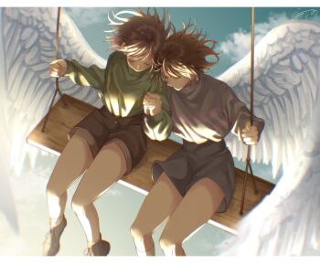 2others absurdres androgynous angel_wings blue_shorts blue_sweater brown_hair brown_shorts buttons chara_(undertale) closed_eyes cloud frisk_(undertale) green_sweater hand_grab highres multiple_others on_swing short_hair shorts sitting sky sweater swing undertale utdr_(toby_fox) wings yoshino_(q_sci)