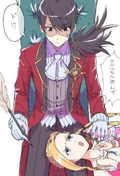 1boy 1girl anger_vein angry ascot black_hair blonde_hair blue_eyes brown_eyes butler chair commentary_request formal_clothes gloves highres jewelry king lap_pillow long_hair medium_o'connell nuuuuu_oxo oekaki ponytail princess re:zero_kara_hajimeru_isekai_seikatsu shaded_face sitting sketch suit v-shaped_eyebrows vincent_vollachia white_gloves