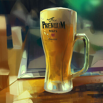 alcohol beer beer_mug ben_lo blurry blurry_background close-up cup depth_of_field drink english_text foam from_side highres mug no_humans object_focus on_table original painterly table