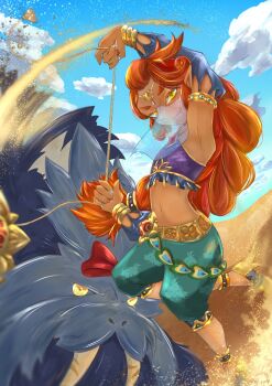 2girls absurdres alternate_costume armlet blue_lips blue_nails bow bracelet braid bridal_gauntlets circlet cloud crop_top dark-skinned_female dark_skin desert detached_sleeves gerudo gerudo_set_(zelda) green_eyes highres holding holding_reins jewelry lipstick long_hair looking_at_viewer makeup midriff mouth_veil multiple_girls navel ni_yo24 nintendo patricia_(zelda) pointy_ears red_bow red_hair reins riju sand sand_seal_(zelda) smile the_legend_of_zelda the_legend_of_zelda:_breath_of_the_wild thick_eyebrows tusks veil yellow_eyes