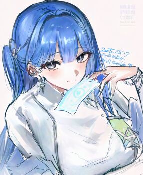 1girl absurdres arcana_(nikke) blue_hair card ear_piercing earrings goddess_of_victory:_nikke highres jewelry long_hair miumiumi_99 nightgown piercing silver_nails sketch smile solo tarot tarot_card translation_request upper_body white_nightgown