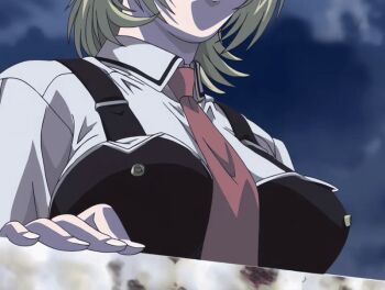 00s 1girl 2004 american animated animated_gif anime_screenshot bible_black bible_black_new_testament blonde_hair bow bowtie breasts cloud cloudy_sky female_focus jody_crowley large_breasts school_uniform shin_bible_black shirt short_hair sky smirk tagme