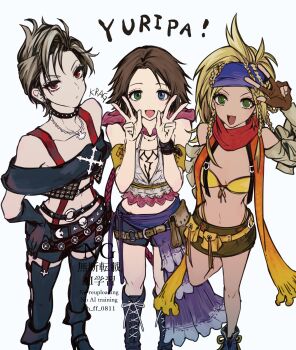 3girls :3 @_@ bandana beads bikini bikini_top_only blonde_hair blue_bandana blue_eyes boots braid detached_hood detached_sleeves double_v final_fantasy final_fantasy_x final_fantasy_x-2 fingerless_gloves gloves green_eyes grey_hair hair_beads hair_ornament heterochromia highres jewelry looking_at_viewer miniskirt multiple_girls necklace open_mouth orange_scarf paine_(ff10) red_eyes rikku_(ff10) scarf short_hair showgirl_skirt skirt swimsuit thong v yellow_bikini yum0811 yuna_(ff10)