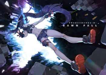 1girl 3d 3d_background bare_shoulders belt black_footwear black_gloves black_rock_shooter black_rock_shooter:_dawn_fall black_rock_shooter_(character) blender_(medium) blue_eyes blue_fire blue_hair checkered_floor crack cube dark_blue_hair english_text falling fire fire flaming_eye gloves glowing hair_between_eyes highres long_hair mar10 navel open_hands parted_lips pouch reaching reaching_towards_viewer science_fiction shell_casing solo star_(symbol) teeth thigh_pouch thigh_strap twintails upper_teeth_only