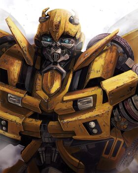 autobot blue_eyes bumblebee_(transformers) chevrolet_camaro chevrolet_camaro_(5th_generation) glowing glowing_eyes helmet humanoid_robot insignia machine mecha no_humans rimuro robot science_fiction transformers transformers_(live_action) wheel yellow_helmet