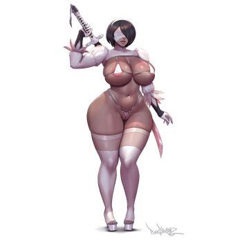 Rule 34 | 1girl, 2b (nier:automata), 2p (nier:automata), alternate breast size (larger), areola slip, black hair, blindfold, blue nails, bob cut, breasts, cameltoe, cleft of venus, covered erect nipples, feather-trimmed sleeves, feet, gloves, hairband, high heels, lips, midriff, nail polish, navel, nier:automata, nier (series), pinkdrawz, platform heels, puffy sleeves, short hair, shrug (clothing), simple background, skindentation, smile, solo, sword, thick thighs, thighhighs, thighs, thong, toenail polish, toenails, weapon, white background, white hairband, white shrug, wide hips