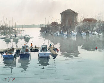 Rule 34 | boat, building, buoy, day, dock, house, lake, nara watercolor, original, painting (medium), people, pier, reflection, reflective liquid, scenery, shadow, shore, sunlight, traditional media, water, watercolor (medium), watercraft, yacht