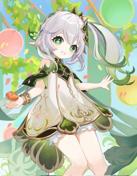 1girl bare_shoulders bloomers bracelet commentary_request corrupted_twitter_file cross-shaped_pupils day detached_sleeves dress floating_hair genshin_impact gold_trim gradient_hair green_eyes green_hair green_sleeves grin hair_between_eyes hair_ornament highres jewelry kima_(jp4g6kfhb842057) leaf_hair_ornament long_hair looking_at_viewer multicolored_hair nahida_(genshin_impact) outdoors pointy_ears side_ponytail sleeveless sleeveless_dress smile solo symbol-shaped_pupils underwear white_bloomers white_dress white_hair