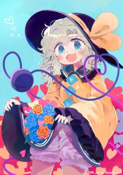 1girl absurdres artist_name black_hat bloomers blue_flower blue_rose blush buttons commentary_request dated diamond_button eyeball fangs flower frilled_shirt_collar frilled_sleeves frills green_eyes green_hair green_nails green_skirt hat hat_ribbon heart heart_in_eye heart_of_string highres koishi_day komeiji_koishi long_sleeves open_mouth ribbon rose shirt skin_fangs skirt skirt_basket smile solo symbol_in_eye third_eye toroid_(621997) touhou underwear white_bloomers wide_sleeves yellow_flower yellow_ribbon yellow_rose yellow_shirt