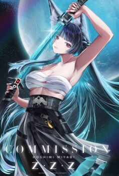 1girl absurdres animal_ear_fluff animal_ears arm_up armpits bandages bare_shoulders black_hair black_skirt blunt_bangs braid breasts chest_sarashi commentary_request commission cowboy_shot fox_ears highres holding holding_sheath holding_sword holding_weapon hoshimi_miyabi katana large_breasts long_hair moon red_eyes rossweisserita3 sarashi scabbard sheath skirt solo standing sword unsheathing very_long_hair weapon zenless_zone_zero