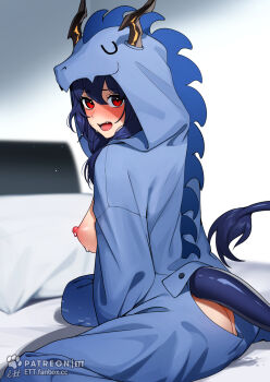 1girl animal_hood arknights artist_name ass ass_peek blue_hair blush breasts ch&#039;en_(arknights) dragon_girl dragon_horns dragon_tail embarrassed ett female_masturbation highres hood horns large_breasts looking_at_viewer masturbation nipples on_bed open_mouth pajamas pussy_juice pussy_juice_trail red_eyes sitting solo sweat tail teeth