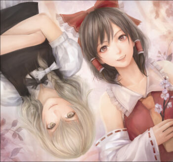 2girls bad_id bad_pixiv_id blonde_hair braid branch brown_eyes brown_hair crossed_arms detached_sleeves female_focus hakurei_reimu japanese_clothes kirisame_marisa lying miche miko multiple_girls no_headwear no_headwear on_back realistic reference_work rotational_symmetry smile touhou yellow_eyes