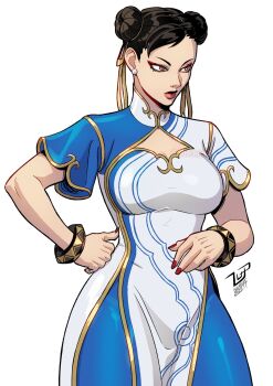 1girl artist_name blue_leggings bracelet breasts brown_hair capcom china_dress chinese_clothes chun-li double_bun dress hair_bun highres jewelry leggings lucaspflp medium_breasts pelvic_curtain red_nails short_sleeves side_slit simple_background solo street_fighter street_fighter_6 white_background