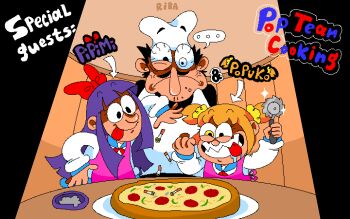 ... 1boy 2girls :p absurdres ashtray black_hair blue_hair bow chef_hat cigarette_butt crossover drooling english_text eye_twitch facial_hair food hair_bow hair_ornament hair_scrunchie hat highres multiple_girls mustache parody peppino_spaghetti pipimi pizza pizza_cutter pizza_tower poptepipic popuko pte_stanaccount school_uniform scrunchie serafuku sharp_teeth style_parody teeth tongue tongue_out two_side_up yellow_scrunchie