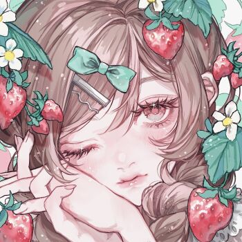 1girl bow braid brown_hair closed_mouth eyelashes fingernails flower food fruit green_bow hair_ornament hairclip hairpin highres lips long_hair looking_at_viewer nail_polish one_eye_closed original pink_eyes pink_nails solo square strawberry white_flower you_(yo_865)