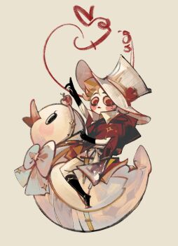 Rule 34 | 1boy, 2652893384, absurdres, blonde hair, blue bow, blue bowtie, bow, bowtie, demon boy, hat, hazbin hotel, hellaverse, highres, looking at viewer, lucifer morningstar (hazbin hotel), napoleon crossing the alps, red eyes, rubber duck, sitting, solo, white hat