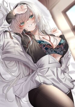 1girl absurdres black_hairband black_pantyhose black_shirt blush bra breasts character_request cleavage commentary copyright_request cowboy_shot fingernails from_side green_eyes green_pupils grey_hair grin hair_spread_out hairband hand_on_own_head hands_up highres indoors jacket large_breasts lingerie long_hair looking_at_viewer looking_to_the_side lying miniskirt multicolored_bra neck_ribbon on_back on_bed onineko-chan open_clothes open_jacket open_shirt pantyhose pleated_skirt red_ribbon ribbon shirt sideways skirt smile solo turning_head unbuttoned underwear undone_neck_ribbon untranslatable_commentary white_jacket white_skirt