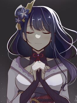 1girl artist_name blunt_bangs bridal_gauntlets closed_eyes closed_mouth clothing_cutout eyeliner fan_hair_ornament flower flower_ornament genshin_impact gradient_background gradient_hair grey_background hair_ornament happy head_tilt highres japanese_clothes kimono light_blush light_smile long_hair makeup mole mole_under_eye multicolored_hair neck_ribbon off_shoulder own_hands_clasped own_hands_together palms_together praying purple_flower purple_hair purple_kimono raiden_shogun red_eyeliner red_ribbon red_sash ribbon sash shade shoulder_cutout signature sky solo standing star_(sky) starry_sky su_pupuring upper_body wavy_hair