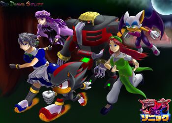 1boy 1other 4girls absurdres alternate_costume animal_ears apron artist_logo bat_wings beret blue_eyes chinese_clothes crossover e-123_omega flying gloves grass grey_hair hat highres hong_meiling izayoi_sakuya logo maid maid_apron maid_headdress mob_cap moon multiple_girls night patchouli_knowledge purple_eyes purple_hair red_eyes red_hair ring_(sonic) robot rocket_shoes rouge_the_bat running scarlet_devil_mansion self-upload shadow_the_hedgehog simple_background sonic_(series) tight_clothes touhou wheelerfortune white_gloves wings witch