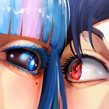 2girls ada_(naruto) black_hair black_sclera blue_eyes blue_hair blunt_bangs boruto:_two_blue_vortex close-up colored_eyelashes colored_sclera commentary drawink eye_contact eye_focus looking_at_another mangekyou_sharingan mole mole_under_eye multicolored_hair multiple_girls naruto_(series) pink_hair red_eyes senrigan sharingan space two-tone_hair uchiha_sarada video_crop
