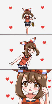 13621718 1girl bike_shorts bike_shorts_under_shorts bow_hairband brown_eyes brown_hair closed_eyes hairband happy heart highres looking_at_viewer may_(pokemon) nintendo open_mouth pokemon pokemon_oras red_hairband shorts shorts_under_shorts