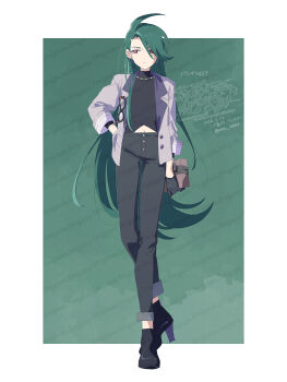 Rule 34 | 1girl, black boots, black gloves, black pants, black shirt, boots, box, box of chocolates, closed mouth, clothing cutout, earrings, eyewear hang, eyewear in pocket, full body, gloves, green hair, grey jacket, hand in pocket, highres, holding, holding box, jacket, jewelry, long hair, looking at viewer, midriff, navel, necklace, nintendo, official alternate costume, official alternate hairstyle, pants, pokemon, pokemon masters ex, red eyes, rika (palentine's 2026) (pokemon), rika (pokemon), serizawa serizane, shirt, solo, stomach cutout, unworn eyewear, very long hair