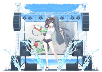 1girl absurdres artist_request black_hair blue_archive blush breasts day double_bun full_body hair_bun highres kisaki_(blue_archive) long_hair looking_at_viewer navel outdoors small_breasts smile solo stage standing twintails water water_gun
