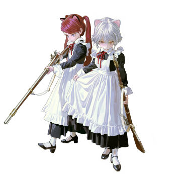 2girls animal_ears antique_firearm apron apron_hold artist_name black_dress black_shoes blue_eyes cat_ears commentary dress extra_ears feifei_(fkey) feiqizi_(fkey) firearm firelock fkey flintlock frilled_apron frills full_body gun highres holding holding_gun holding_weapon long_sleeves maid maid_apron multiple_girls neck_ribbon original red_hair red_ribbon ribbon shoes simple_background sleeve_cuffs symbol-only_commentary twintails weapon white_background white_hair yellow_eyes