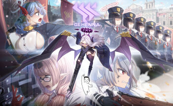 Rule 34 | 1boy, 6+girls, a bao, absurdres, ahoge, ako (blue archive), armband, black coat, black gloves, black halo, black skirt, black thighhighs, blue archive, blue eyes, blue hair, chinatsu (blue archive), coat, coat on shoulders, demon girl, demon horns, demon wings, doodle sensei (blue archive), full body, glasses, gloves, grey hair, gun, halo, highres, hina (blue archive), holding, holding gun, holding weapon, horns, iori (blue archive), long hair, low wings, machine gun, mg42, multiple girls, orange hair, outdoors, prefect team (blue archive), prefect team member (blue archive), purple eyes, red armband, red eyes, sensei (blue archive), skirt, standing, thighhighs, twintails, very long hair, weapon, white hair, wings